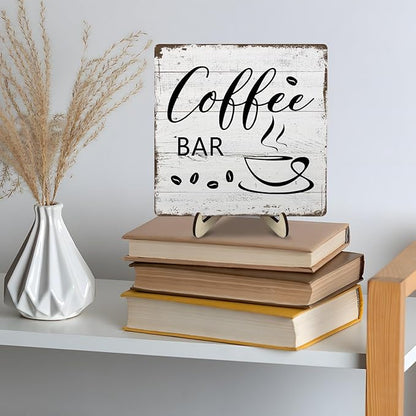 Coffee Bar Decor Sign – Rustic Wooden Plaque for Coffee Station, Farmhouse Cafe Shelf Accessories, Desk or Kitchen Counter Decor,Birthday,Mother Day Gift 5.9 x 5.9 Inch