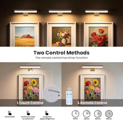 Battery Operated Picture Lights for Wall, White Wireless Art Light for Paintings, Rechargeable Display Light for Picture with Remote, 3 Color Poster Lights for Frame Portraits Wall Decor (2 Pack)
