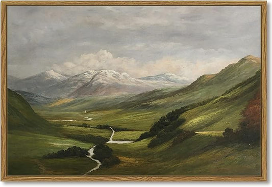 SHENIFY Landscape 24x36in Large Vintage Framed Canvas Wall Art Classical Mountain Range Valley Prints Farmhouse Bathroom Office Decor - Natural Framed