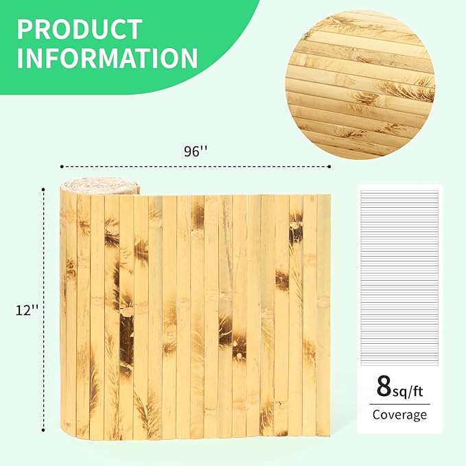 Natural Bamboo Wall Panel for Interior Wall Decor, Renewable Pole Wrap Wainscoting Paneling for Wall Ceiling Furniture Cabinet Office, 12 x 96 Inch, Light Burned