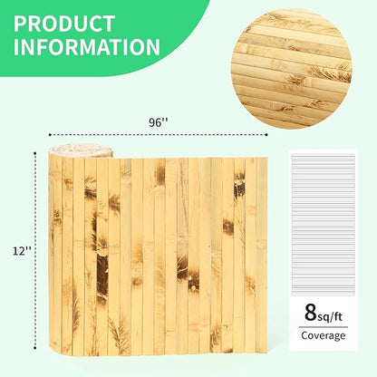 Natural Bamboo Wall Panel for Interior Wall Decor, Renewable Pole Wrap Wainscoting Paneling for Wall Ceiling Furniture Cabinet Office, 12 x 96 Inch, Light Burned