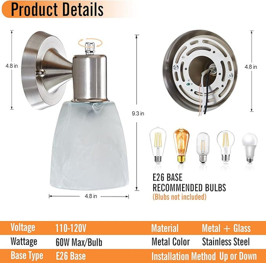 Wall Sconces Set of 2, Brushed Nickel Vanity Lights for Bathroom, Modern Wall Light Fixtures with Rotary Switch, Wall Mount Light with Frosted Glass, Farmhouse Lamp for Bedroom Living Room