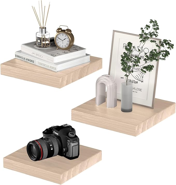 Small Floating Shelves for Wall - 9 Inch Square Natural Wood Shelves for Bedroom, Living Room, Bathroom, Kitchen, Office Decor Set of 3