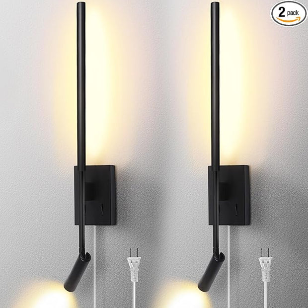 Modern Plug in Wall Sconce Indoor Wall Light Set of two for Bed, Corded Minimalist Bedside Linear Wall Sconce With Switch, Adjustable Black Wall Mount lamp for Living Room Bedroom Hallway Reading etc