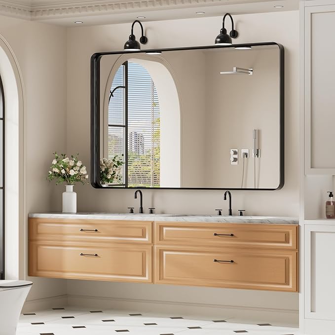 Koonmi Black Wall Mirror for Bathroom, 36x55 Inch Matte Deep Framed Rounded Rectangle Vanity Mirror for Farmhouse Living Room, Tempered Glass, Anti-Rust, Vertically or Horizontally