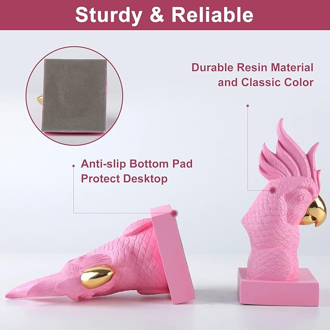 Pink Parrot Decorative Bookends,Set of 2 Cute Bird Animal Sculpture Book Ends to Hold Hevay Duty Books,Unique Resin Statues Book Stopper for Home Office Desk Bookshelf Decor
