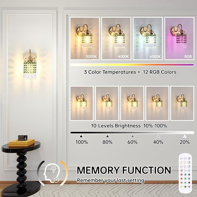 Set of 2 Crystal Battery Operated Wall Sconce, Rechargeable Battery Powered Wall Lamp with Remote Control, Modern Dimmable Wall Lights for Bedroom Bathroom(Green, Gold Base)