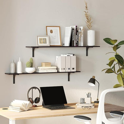 DINZI LVJ Long Wall Shelves, 47.3Inch Wall Mounted Shelves Set of 2, Extra Large Floating Storage Ledges with Sturdy Metal Brackets for Living Room, Bathroom, Bedroom, Kitchen, Espresso