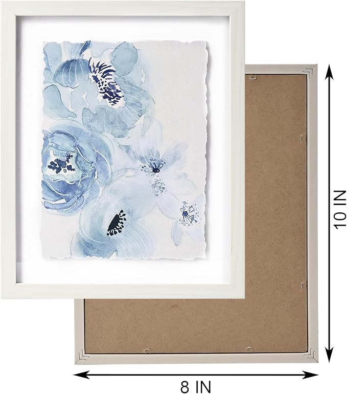 ArtbyHannah Framed Bathroom Wall Art Decor, 8x10 Inch 3D Light Blue Watercolor Florals with Torn Edge Floating Effect, Moisture Proof Prints Pictures Artwork for Bathroom, Bedroom Decor (2 Pack)