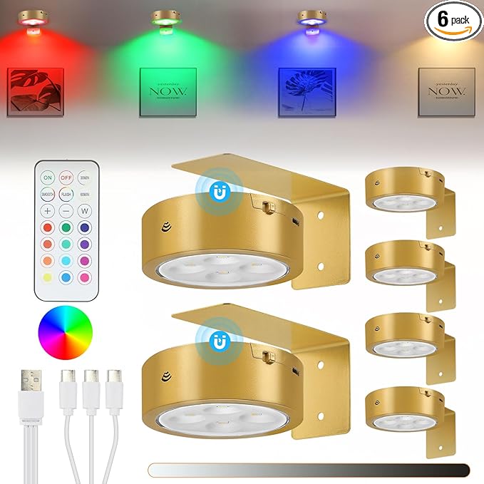 6Pcs Rechargeable Picture Lights,13 RGB Color Magnetic Led Wireless Art Display Light Battery Operated Wall Lights for Pictures with Remote Dimmable and Timer, for Picture Frame Paintings-RGB Gold