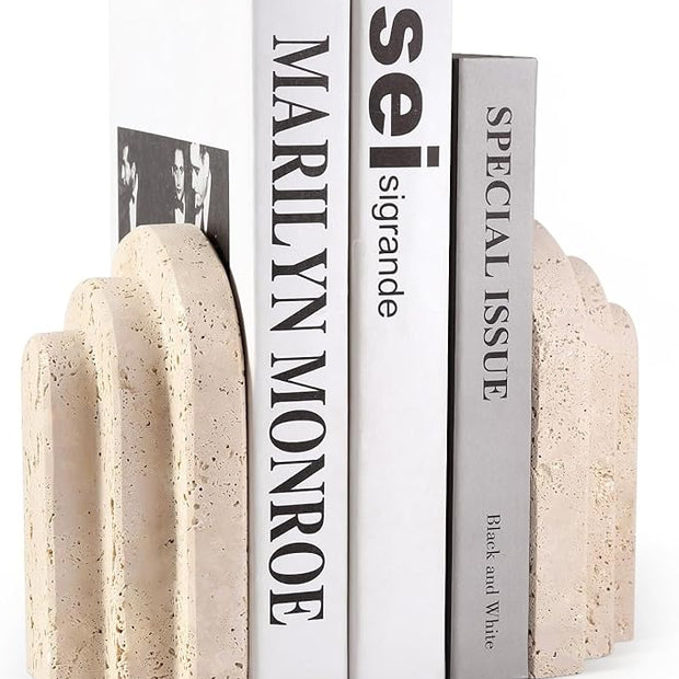 Natural Marble Book Ends - Heavy Duty Bookends for Shelves - Aesthetic Layered Arch Design Stone Book Holders, Unique Modern Office Bookshelf Stopper Decor for Books/CDs(Travertino Turkey)