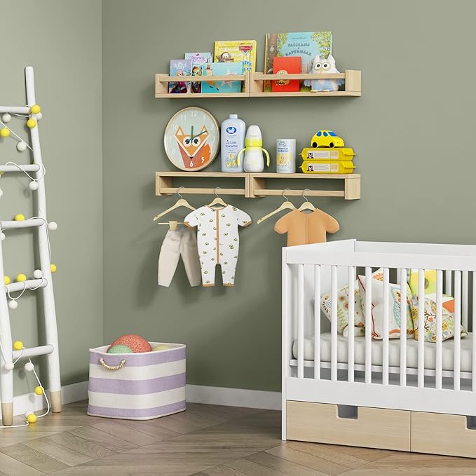Forbena Natural Wood Nursery Book Shelves Wall Mounted, Floating Bookshelf for Kids Room, Toys and Books Storage Organizer Bookshelves for Toddler Child Bedroom Bathroom (4 Pack Natural Wood)