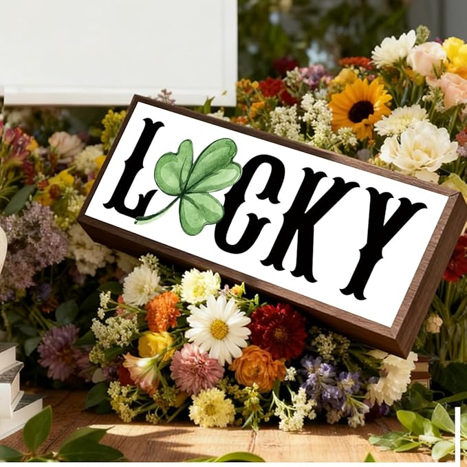 Lucky Wood Sign, Lucky Shamrocks Wooden Block Signs, Rustic Tabletop Decors, Happy St. Patrick's Day Decoration for Home Office, Housewarming Decor, Irish Gift for Women Men, 9.5x3.1x1 inches