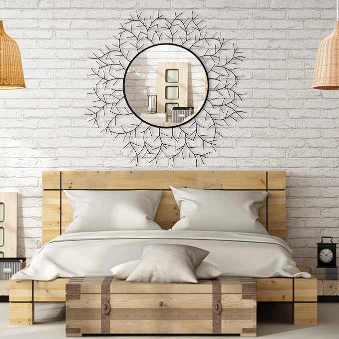 POZINO Round Wall Mirror, 30 Inch Circle Mirrors for Wall Decor, Black Metal Framed Accent Mirrors for Living Room Bedroom Entryway