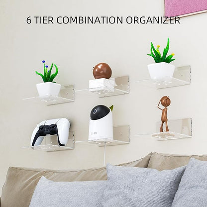 Acrylic Wall Shelves,Clear 6 inch Floating Shelves for Display,Echo,Cameras,Speaker,Plant,Router Wall Mounted Transparent Small Invisible Shelves with Adhesive Bedroom Bathroom Living Room Decoration