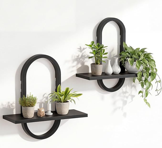KALYLOC Floating Shelves for Wall, Hanging Shelves Wall Shelf for Plants, Decorative Wall Mounted Shelves for Living Room Bedroom Bathroom Home Office Kitchen, Black Wood Set of 2