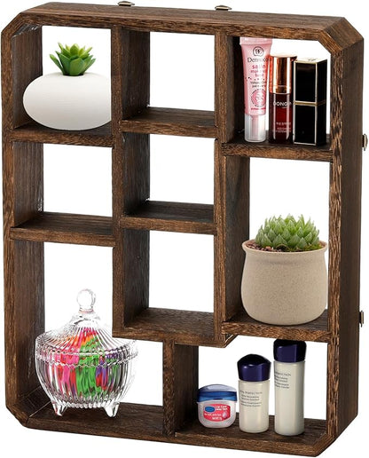 Frcctre Rustic Shadow Box Display Shelf, 9 Compartments Wood Hanging Display Floating Shelves, Multi-Slot Wall Mounted or Freestanding Farmhouse Decor Displays Case
