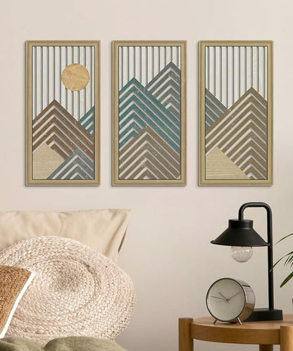 Putuo Decor Mountain Line Wall Art Set of 3, Modern Abstract Nature-Inspired Cut-Out Panels, MDF Wall Decor with Chevron Stripes and Sun Design for Living Room Bedroom Office