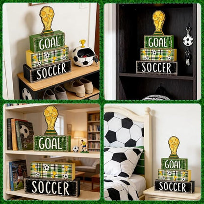 DIYDEC 4Pcs Soccer Tabletop Decorations Wooden Trophy Block Signs Gift Rustic Football Tiered Tray Decor Soccer Centerpiece World Cup Table Sign for Home Office Tabletop Fireplace Party Decor