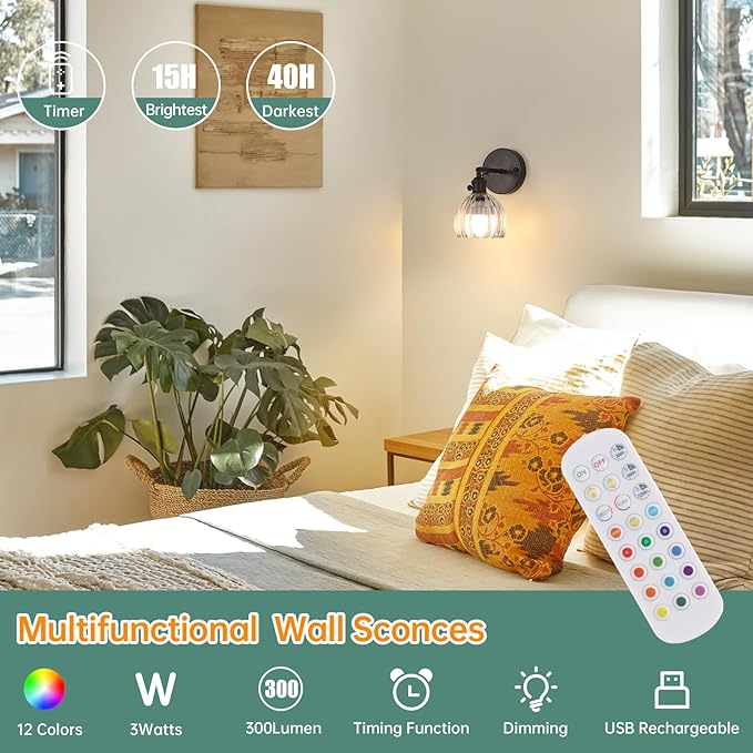 Vintage Battery Operated Wall Sconce with Transparent Tulip Glass Lampshade Rechargeable Battery Powered Black Wall Light with Remote Control for Bedside Bedroom Doorway