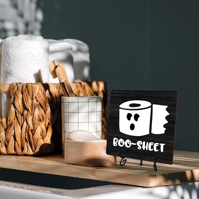 Halloween Bathroom Decor, Boo Sheet Wooden Sign for Home Restroom Desk Shelf, Toilet Paper Table Centerpieces for Washroom Accessories - A11
