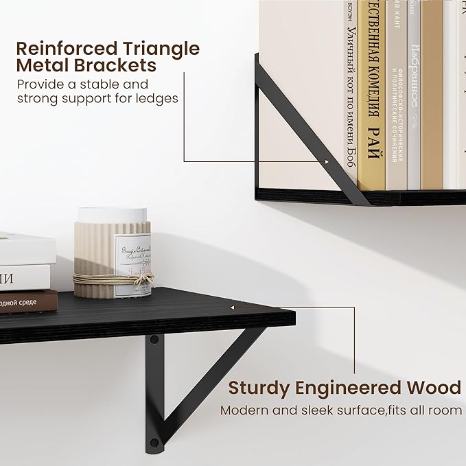 Fun Memories Deep Floating Shelves for Wall, 16W x 8D Wall Mounted Shelves Set of 2, Wide Display Ledge Shelf with Sturdy Metal Brackets for Living Room, Bathroom, Bedroom and Kitchen, Black