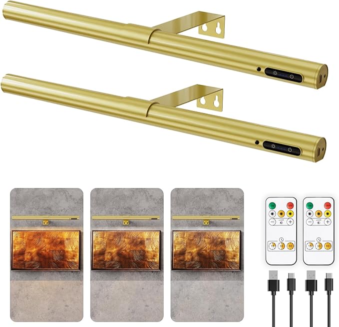 19.7inch Battery Operated Wireless Picture Light，Remote Control Painting Display Lights, Rechargeable Wall Lights with Three Modes and Power Display for Art Frame (Gold-2set)