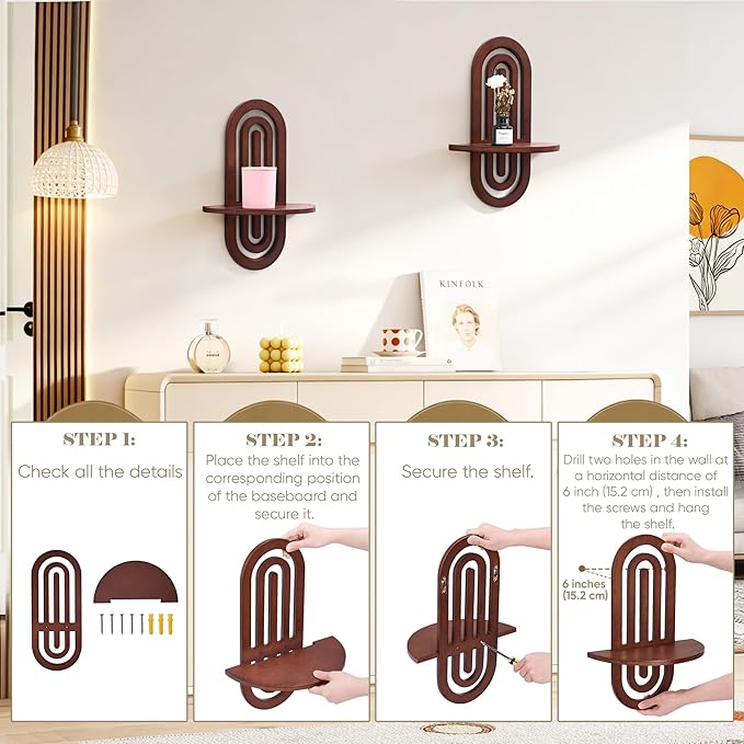 Boho Wall Decor Floating Shelves with Arched Design, Wood Wall Decorative Bohemian Art Display Shelf Set of 2 for Living Room, Bedroom, H 16.7" x W 11.8"