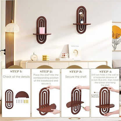 Boho Wall Decor Floating Shelves with Arched Design, Wood Wall Decorative Bohemian Art Display Shelf Set of 2 for Living Room, Bedroom, H 16.7" x W 11.8"