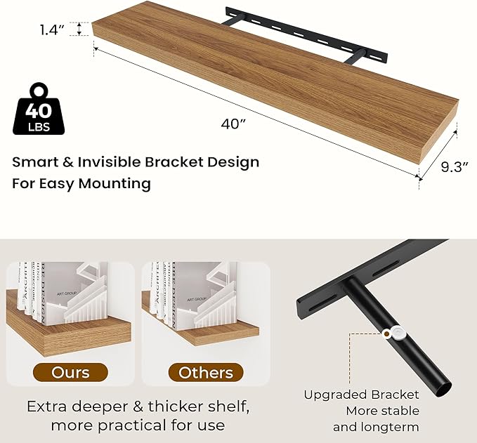 Dreamland 40 Inches Floating Shelves for Wall,9.3 Inch Deep Floating Shelves Set of 2, Large Display & Storage Shelf, Wall Shelf for Bathroom Bedroom Living Room Kitchen Office,Walnut