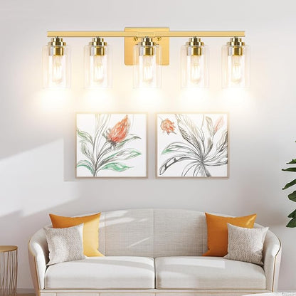 VerRon 5-Light Gold Bathroom Light Fixtures, 31" Modern Vanity Lights Over Mirror with Clear Glass Shades,Brushed Gold Wall Light Fixture for Bathroom Mirror Bedroom Porch, Hardwired Wall Sconces