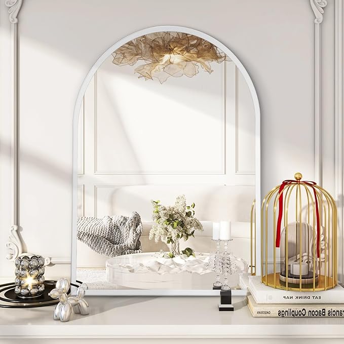 Arched Wall Mirror Bathroom Mirror Brushed Metal Vanity Wall Mounted Mirror for LivingRoom Bedroom Entryway Room Home Decor White 28"x20"