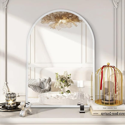 Arched Wall Mirror Bathroom Mirror Brushed Metal Vanity Wall Mounted Mirror for LivingRoom Bedroom Entryway Room Home Decor White 28"x20"