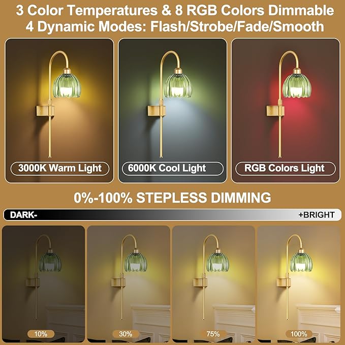 Vintage Battery Operated Wall Sconces Set of 2, Gold Rechargeable Wireless Wall Lamp Lights with Glass Lampshade & Remote,Dimmable 12 Colors Flower Wall Sconce for Bedroom Living Room Hallway