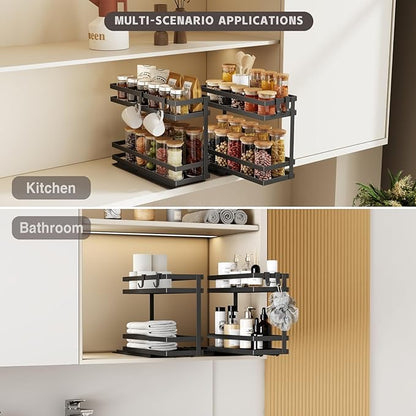 Pull Out Spice Rack Organizer for Cabinet, 1 Pack Metal Seasoning Organizer Slide Out Spice Storage Shelf No Assembly Vertical Spice Rack Pullout for Kitchen & Bahthroom No Drill(2 Tier,Black)