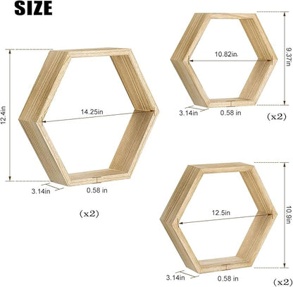 NOVIMANGO Hexagonal Floating Shelves Wall Mounted Set of 6 Wooden Hexagon Shelves Farmhouse Storage Honeycomb Shelves Hexagon Hanging Shelves Rustic Geometric Shelf for Nursery Bedroom Living Room