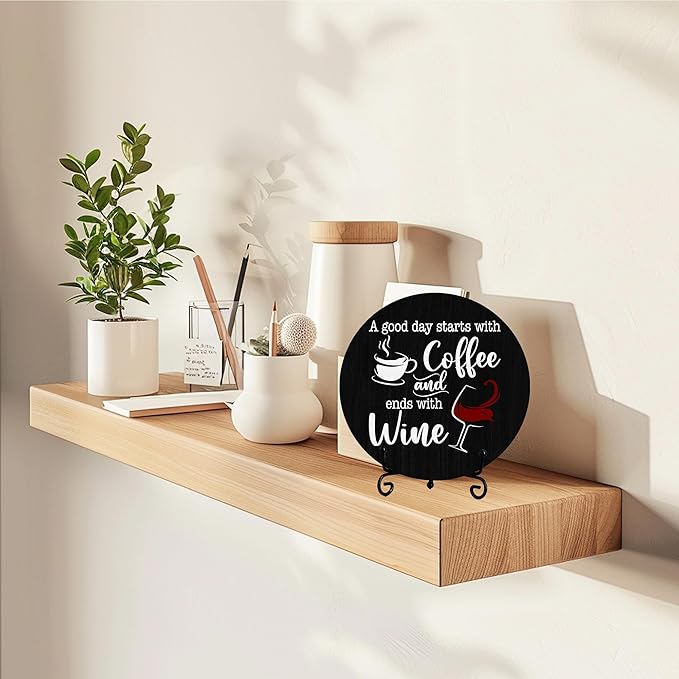 Coffee And Wine Desk Decor Sign, Rustic Funny Wooden Box Plaque, A Good Day Starts With Coffee And Ends With Wine Wood Sign, Decor For Home Kitchen Table Top, Wooden Round With Stand-19