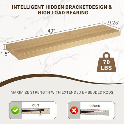 40 Inch Floating Shelves, 3D Textured Wood Grain, 40"x9.25"x1.5" Inch Deep Floating Shelves for Wall, Wooden Shelves for Bathroom, Bedroom, Living Room, Natural, 1 Piece