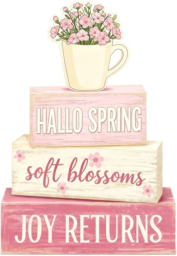 Spring Decoration Wooden Tiered Tray Decor – Rustic Hallo Spring Stacked Block Sign with Flower Cup Topper – Farmhouse Tabletop Spring Decor for Living Room Shelf Kitchen Coffee Bar Seasonal Home Display