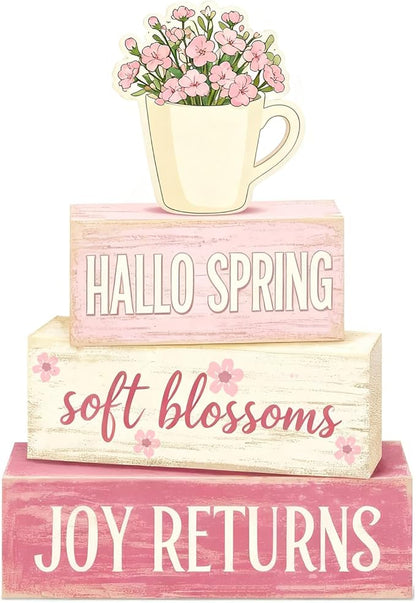 Spring Decoration Wooden Tiered Tray Decor – Rustic Hallo Spring Stacked Block Sign with Flower Cup Topper – Farmhouse Tabletop Spring Decor for Living Room Shelf Kitchen Coffee Bar Seasonal Home Display