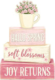 Spring Decoration Wooden Tiered Tray Decor – Rustic Hallo Spring Stacked Block Sign with Flower Cup Topper – Farmhouse Tabletop Spring Decor for Living Room Shelf Kitchen Coffee Bar Seasonal Home Display