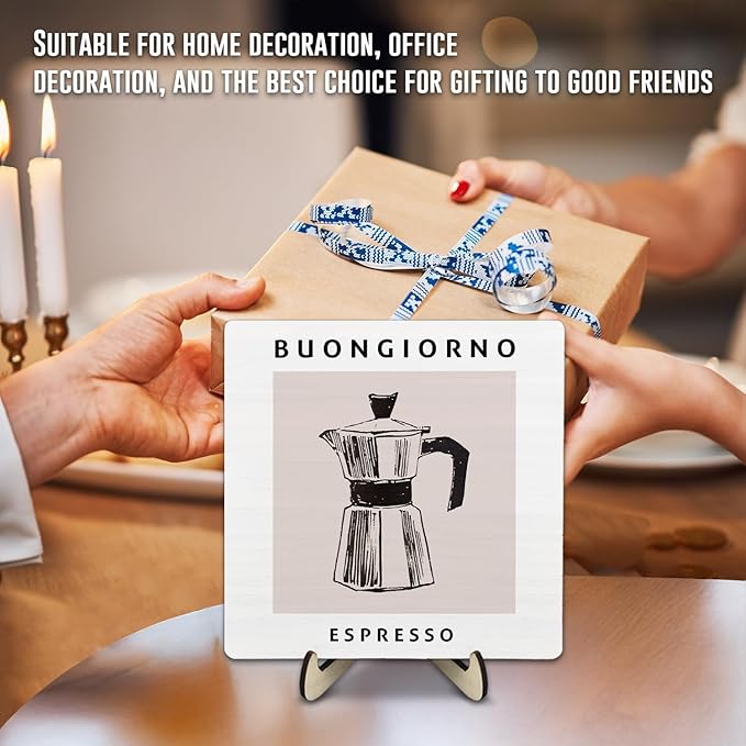 Coffee Bar Decor Sign,Wooden Vintage Plaque with CoffeePot Pattern-Buongiorno Espresso,Funny Farmhouse Decor for Coffee Station, Kitchen Café or Shelf Display(White)