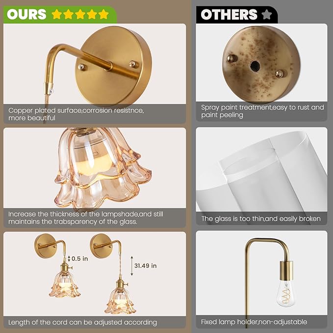 Battery Operated Wall Sconce Set of 2, Adjustable Chain Retro Gold Wall Mounted Light with RGB, Wireless Indoor Rechargeable Amber Wall Light for Living Room, Bedroom