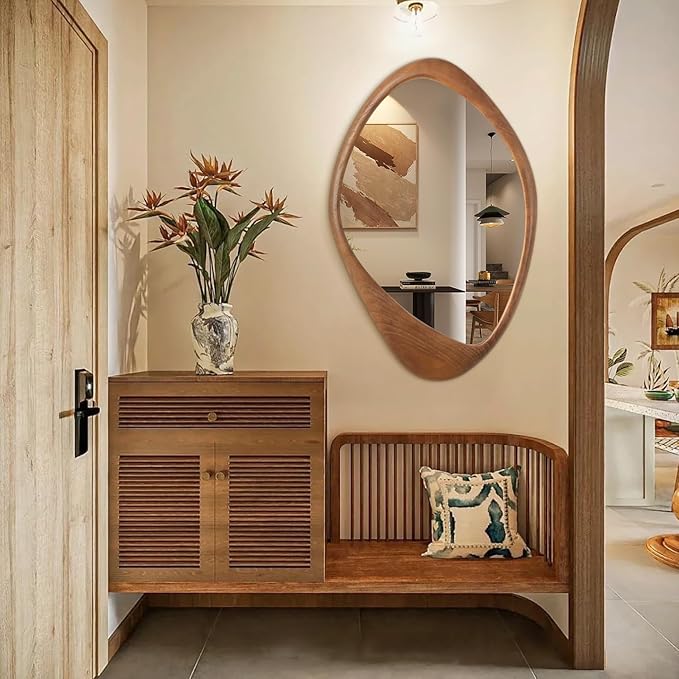 AAZZKANG Asymmetrical Wall Mirror Large 28"x20" Retro Irregular Vanity Mirrors Decorative for Bathroom Bedroom Living Room Hallway Brown