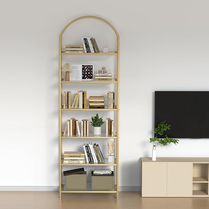 Homhedy Bookshelf Arched Display Racks,Metal Bookcase,Tempered Glass Shelves,Storage Rack Shelf for Home Office,Living Room,Bedroom, Bathroom,Modern Style (Golden, 11.8