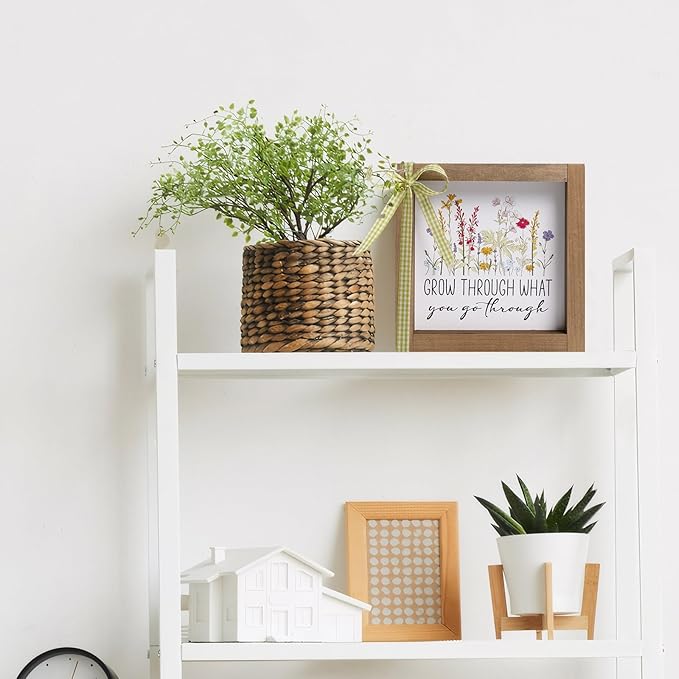 Grow Through What You Go Through Sign, 6 Inch Wooden Office Cubicle Decorations for Women, Boho Inspirational Desk Decor for Shelf Table Rustic Motivational Signs Wildflower Decorations