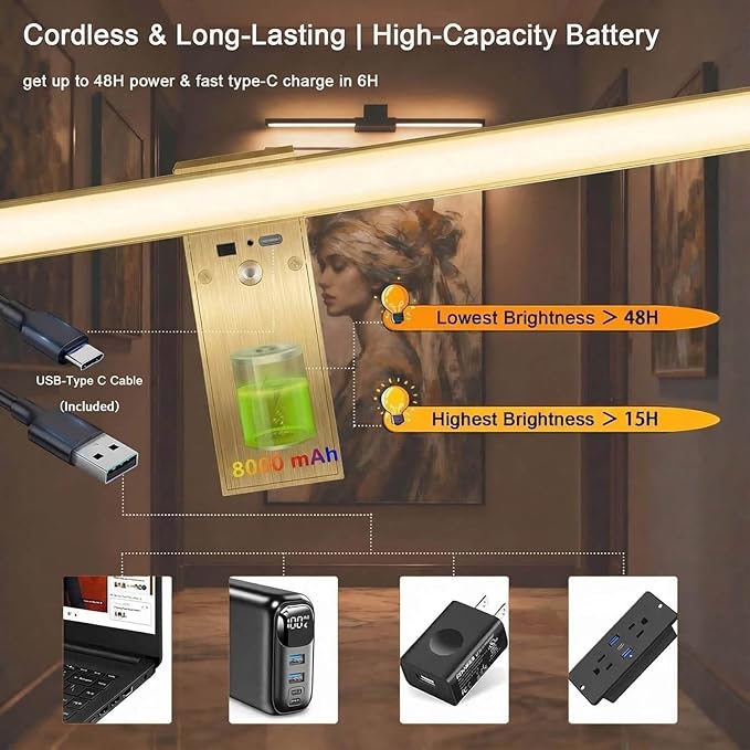 Picture Lights for Wall Battery Operated, Rechargeable Wireless Lights for Pictures on Wall with 3 Color Dimmable Remote for Painting Gallery Dartboard Poster Bedroom Frame Art Decor - Gold 16 inch