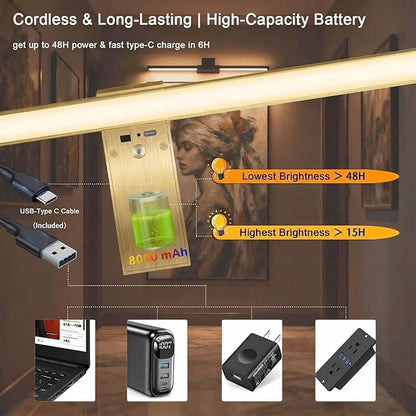 Picture Lights for Wall Battery Operated, Rechargeable Wireless Lights for Pictures on Wall with 3 Color Dimmable Remote for Painting Gallery Dartboard Poster Bedroom Frame Art Decor - Gold 16 inch