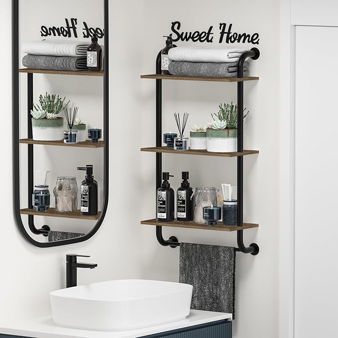 Bathroom Shelves Wall Mounted, 3-Tier Rustic Wood Wall Shelf, 17.3 inch Industrial Pipe Floating Shelf for Bathroom,Kitchen,Bedroom,Living Room,Brown