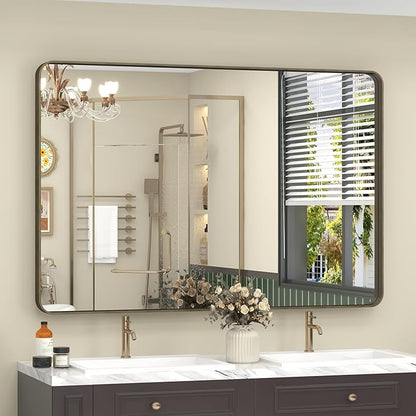 48x30 Bronze Bathroom Mirror for Wall, Brushed Bronze Metal Framed Bathroom Vanity Mirror, Rounded Rectangle Mirror, Anti-Rust, Shatterproof (Horizontal/Vertical)
